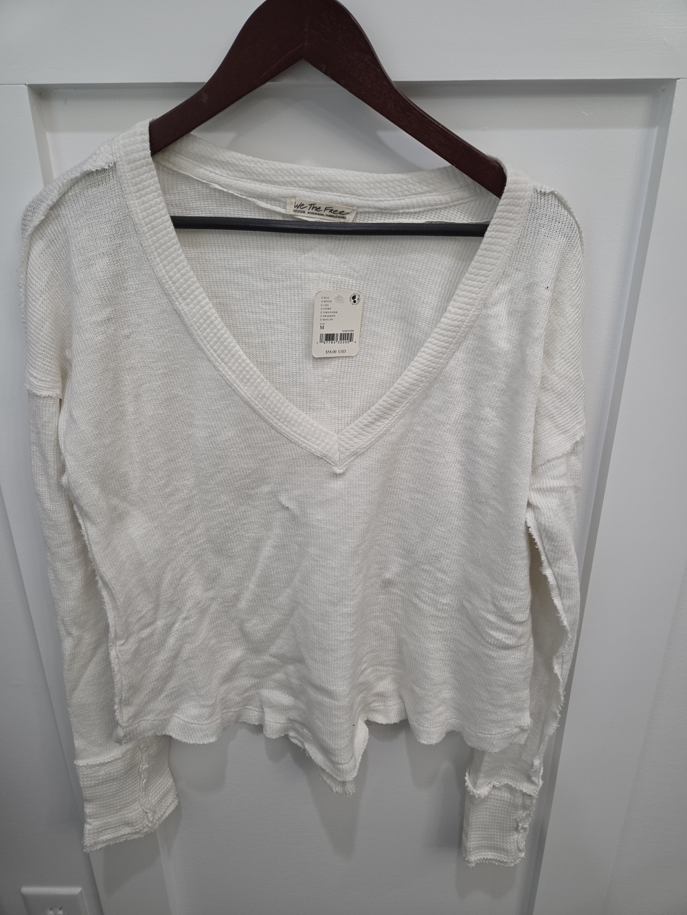 We The Free White V-Neck Waffle Knit Long Sleeve Top
